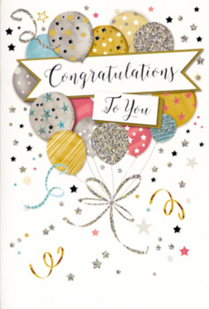 In this image, the congratulations card feels like a carefully composed celebration, designed with the same thoughtfulness a local florist in Herne Hill might bring to a bespoke bouquet. A cluster of rounded balloons rises from the lower edge, creating a full, balanced shape across the front of the card. The balloons are painted in soft, contemporary shades of brushed gold, polished silver, champagne, pastel blue, blush pink, and pale grey, layered so their edges gently overlap in a way that suggests depth and light. Each one is embellished with subtle decorative touches-glitter-speckled areas that look as though they would shimmer when tilted, delicate stripes, and scattered stars that evoke a night sky above Brockwell Park. From the base of the balloons, fine ribbons trail downward in swooping arcs of gold and silver, mimicking the fluid lines of vines or stems cascading from a floral arrangement. The background is mostly white or very pale, dusted with tiny stars, confetti flecks, and graceful curls that create a feeling of buoyancy and motion, as if a soft breeze coming off Herne Hill's leafy streets is stirring the celebration. Across the centre of the cluster, a generous banner unfurls, its gently curved shape adding softness to the design. Written upon it, the words Congratulations To You appear in stylish calligraphy, the letters slightly flourished yet highly legible. The composition feels versatile and inclusive, suitable for marking everything from school results and university offers to promotions or personal milestones within the SE24 community. One can picture this card resting next to a vase of fresh blooms on a windowsill overlooking Railton Road, its elegance and subtle sparkle helping to express pride, appreciation, and genuine joy for someone's success.