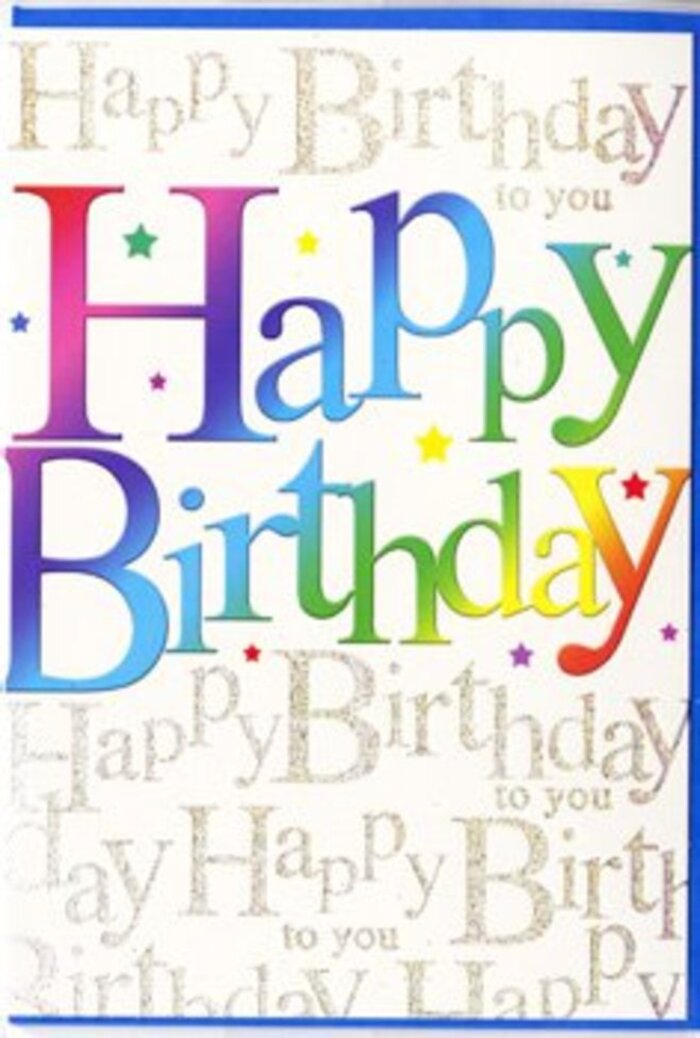 This image captures a birthday card whose front design feels like a miniature celebration, similar in spirit to a bunch of vibrant blooms carefully arranged in a Herne Hill studio. Dominating the centre, the words Happy Birthday stretch across the card in weighty, rounded block letters, each one a different note in a visual rainbow. You can see deep ruby reds melting into mandarin oranges and sunny yellows, which in turn transition into zesty limes, soft forest greens, tranquil blues, and rich purples. The changes between colours are fluid, with no harsh dividing lines, suggesting a thoughtfully blended gradient that recalls the soft shading from one petal to another in a garden rose. The lettering has a softly reflective finish, catching highlights that make it look glossy, as though the ink were still slightly wet or finished with a protective varnish. Behind this headline, the card's entire background is patterned with the phrase Happy Birthday to you in a delicate, repeating gold script. The handwriting is narrow and looping, forming gentle waves of text that roll across the surface. Under the light, the gold ink shimmers subtly, adding a refined sparkle akin to the golden ribbons we tie around birthday bouquets headed out for local delivery around Herne Hill and Tulse Hill. From a slight distance, the script becomes more of a shimmering texture than individual words, allowing the rainbow letters to remain the clear focal point. The interplay of vibrant colour and soft metallics gives the card both playfulness and poise, making it equally suitable for a milestone birthday or a simple, heartfelt celebration at home. It's easy to imagine this card standing on a mantelpiece beside a vase of fresh seasonal flowers, bringing a sense of warmth and festivity to a Herne Hill living room all day long.