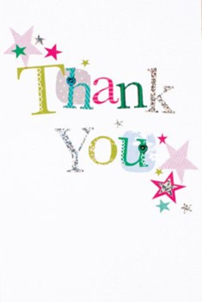 This card's graceful lettering and quietly exuberant design seem to capture the heart of Herne Hill's lively gatherings. Each letter is thoughtfully formed-some whimsical with bouncing spots and playful curves, others elegant and flowing-resulting in a message that hums with cheerfulness and sophistication. Clusters of brilliant stars, some adorned with stripes in bright pink or awash in rich turquoise, add a touch of sparkle that brings to mind the sunlit fun of a Saturday at Brockwell Community Greenhouses. The pure white background enhances the card's airy, modern feeling, much like the clean lines of a contemporary floral display in a Herne Hill shopfront. There's a thoughtful, balanced energy to the composition, making it suitable for any occasion-a thank you card as versatile as the community itself. Whether paired with a seasonal bouquet from a Railton Road florist or nestled beside a bunch of wildflowers, this design radiates heartfelt gratitude and creates a memorable moment of appreciation.