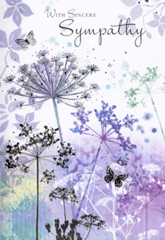 There is a contemplative stillness in this sympathy card's design, reminiscent of pausing on a bench overlooking Brockwell Park's gardens in Herne Hill when the light is soft and the day feels hushed. A cluster of tall, slender wildflower stems rises from the lower edge of the card, spaced so they have room to breathe. Each stem carries a crown of tiny blossoms arranged in an umbel, the florets forming a lace-like canopy that arcs softly outward. The colours are understated yet tender: layers of lavender, violet-blue, and muted sage green wash across the blooms, bleeding delicately into one another in true watercolour fashion. The outer tips of the flowers fade into transparency, giving the impression that the petals are dissolving into the surrounding air. Among these fragile shapes, two or three butterflies hover, painted with the lightest touch. Their wings are barely tinted, almost ghostlike, but their presence introduces a whisper of hope, like glimpsing a ray of light through clouds. The backdrop is a smooth gradient of cool tones-silvery blue, pale lilac, and distant grey-offering a gentle, enveloping calm that mirrors the quiet streets around Herne Hill on a rainy afternoon. Nothing here shouts; every detail is carefully subdued, offering comfort rather than drawing attention to itself. This visual softness makes the card feel like a natural companion to a simple, elegant sympathy arrangement delivered to a home by Railton Road or close to Herne Hill station, where a local florist understands that in times of grief, the smallest, most tender gestures often speak the loudest.