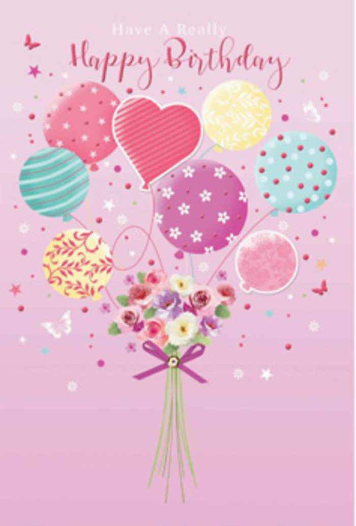 In this softly enchanting birthday card design, a floating cluster of balloons and a small, graceful bouquet come together to create a feeling of light-hearted celebration, as if inspired by a stroll through Brockwell Park in Herne Hill on a mild spring day. The background is a diffuse blush pink, not flat but gently shaded, evoking the warmth of afternoon light. From the centre rises an airy collection of balloons in pastel hues - powder pink, minty green, buttery yellow, and lilac. Their surfaces are varied and playful: some wrapped in twirling stripes that spiral upward, others sprinkled with animated polka dots or stylised floral patterns, with a sweet heart-shaped balloon quietly drawing the eye. All the strings descend to a tidy hand-tied bouquet at the bottom of the image. This bouquet features petite roses and daisy-like blooms in shades of creamy ivory, rose blush, and dusky mauve, each petal softly contoured and overlapping like real flowers arranged by a skilled Herne Hill florist. The stems are gathered with a shimmering purple satin ribbon tied into a crisp bow, its edges catching the light and adding a hint of sophistication. Scattered stars and tiny butterflies drift around the balloons and blooms, as if carried on a gentle breeze from Railton Road up toward Herne Hill station. The overall impression is one of tenderness and joy, the sort of whimsical floral and balloon pairing that would brighten a birthday breakfast table or a windowsill looking out toward Brockwell Lido, conveying heartfelt wishes with a floating, storybook charm.