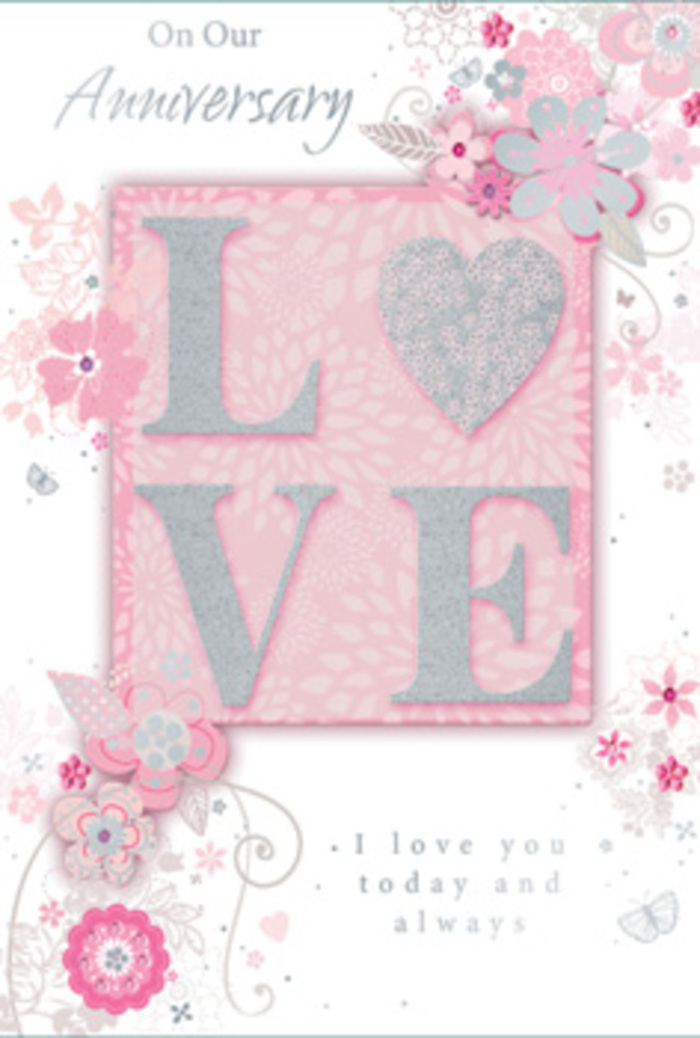 This beautifully detailed anniversary card opens like a quiet moment of gratitude in a Herne Hill kitchen, sunlight slanting through the window while love is simply lived day by day. At its heart, the word LOVE appears in softly raised letters, each stroke coated in a frosted glitter that catches the light in a playful yet gentle way, similar to sun glinting off the surface of Brockwell Lido on a summer morning. The texture of the letters suggests a pleasing tactile sensation, as if you could run a finger along the contours and feel every curve. Around this central word, wispy, hand-drawn blooms and airy sprays drift along the card's borders, their colours blending soft pink, lilac, and creamy ivory in the same harmony a florist might seek when combining roses, lisianthus, and delicate filler flowers in a romantic hand-tied bouquet. Filigree lines curl into dainty leaves and swirling tendrils, adding a sense of movement that echoes the breeze threading through the plane trees on Dulwich Road. Look closely and you notice almost-hidden butterflies nestled among the petals, subtle shapes that call to mind the flutter in your chest when you recall shared milestones and quiet evenings together. The background is calm and luminous, a pale blush wash that allows every fine detail to stand out without crowding the eye. Printed in a graceful, understated typeface, the words I love you today and always are tucked beside the floral artwork, like a whispered promise rather than a bold announcement. The entire composition feels like a hand-tied bouquet translated into paper, a tender, artful keepsake that would sit perfectly beside freshly delivered anniversary flowers in any Herne Hill home.