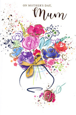 The Mother's Day card artwork reveals a bouquet painted in free, watercolour strokes, full of the same relaxed charm that drifts through Herne Hill's streets on a sunny weekend. At the heart of the image, lush blooms in cerise, raspberry pink, and soft magenta unfold generously, their rounded petals outlined with dark indigo that gently defines each flower while keeping the overall look fluid and organic. Between these bolder tones, smaller blossoms in lavender and powdery blue appear, cooling the palette and adding a sense of calm, reminiscent of quiet early-morning walks through Brockwell Park when the first flowers of spring begin to open. Hints of fresh chartreuse and warm apricot peek out where leaves and buds might be, adding life and movement. The artist has traced fine lines of luminous gold along select petals and stems, creating little glints of light that feel like sun catching raindrops on the pavements near Station Square. The bouquet is rooted in a softly painted vase, round and inviting, its base wrapped with a refined golden bow that suggests the thoughtful presentation of a hand-delivered gift for Mother's Day. Around the arrangement, scattered hearts, spatters of pigment, and gentle arcs of colour drift across the white background, evoking the energy of shared laughter and family gatherings. The entire composition feels like a love note rendered in pigment: warm, expressive, and deeply personal, as if a Herne Hill florist had captured the spirit of local spring flowers and the tenderness between mother and child in one carefully composed, heartfelt illustration.