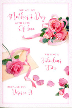 Every aspect of this Mother's Day card recalls the quiet elegance of a small Herne Hill flower studio, where each detail is chosen with care. At the centre, a generous spray of pink roses spreads across a creamy white background, the blooms painted in varying tones from soft blush to deeper rose, giving the arrangement a naturally gathered look, as if picked from gardens bordering Milkwood Road. The petals appear lush and velvety, with subtle highlights and shadows suggesting gentle texture and delicacy. Some blossoms are fully open, welcoming and generous, while others are only beginning to unfurl, hinting at the unfolding of years of love and support. Around the main cluster, loose rose petals are scattered like confetti, adding a whimsical, celebratory feel that still remains calm and refined. A pale ribbon, rendered in a matching pastel shade, winds itself through the bouquet, tightening the design with the kind of finishing flourish a florist might add before a delivery around Herne Hill and Brockwell Park. Flowing script lettering sits gracefully above and beside the flowers, conveying a heartfelt Mother's Day message in elegant, looping lines that mirror the natural curves of each petal. The overall light is soft and even, with no harsh shadows, creating a sense of warmth, calm, and quiet intimacy-like the gentle glow of a kitchen window on a Sunday morning. This card feels as though it belongs beside a vase of freshly arranged roses on a Herne Hill breakfast table, ready to bring a smile and a sense of being lovingly thought of.
