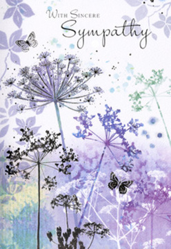 The illustration inside this sympathy card carries the same peaceful mood you might find watching mist roll across Brockwell Park's lawns in the early morning. Slender, graceful stems lift from the base of the card, each one topped with an intricate umbel, their many tiny florets forming airy, umbrella-like shapes. The flowers are rendered in a palette of violets, soft blues, and gentle grey-greens, with the pigments diffusing into one another so that no edge feels harsh or defined. Some heads appear more solid, while others fade delicately into the background, evoking the way memories shift in and out of focus during times of loss. Among the blooms, a few butterflies hover with wings that seem almost translucent, the slightest touch of colour brushing their outlines. They feel less like bold symbols and more like quiet companions, suggesting resilience and the continuation of love beyond visible presence. The background itself is a cool, soothing wash, a blend of lavender and blue mist that creates a sense of spaciousness and calm, much like the wide skies above Herne Hill on a quiet day. The overall composition is open and uncluttered, inviting the eye to wander gently through the stems and petals. It has the thoughtful restraint of a carefully arranged condolence bouquet delivered to a family home near Milkwood Road or Half Moon Lane-considered, respectful, and deeply sympathetic without needing to say much at all. The card becomes not just a message, but a soft, visual expression of shared sorrow and gentle support.