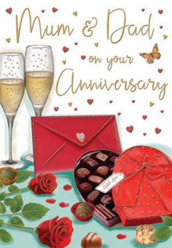 Warm and romantic anniversary card illustration showing a detailed still life of love and celebration, easily imagined on a table in a Herne Hill townhouse. At the heart of the design stands a pair of elegant champagne flutes, close enough that their rims almost touch, each filled with effervescent golden champagne that catches the light like evening sun over Brockwell Park. Just in front lies an open, heart-shaped chocolate box, neatly packed with glossy truffles; the lid is wrapped in a sumptuous red satin bow, its loops and tails cascading in soft curves that echo the rhythm of shared laughter. Two lush red roses are placed nearby on the tabletop, their velvety petals rich and inviting, with deep green leaves adding contrast and freshness, as if cut from a bouquet arriving from Flower Delivery Herne Hill. A few chocolates spill out onto the surface, adding a playful, tempting scatter of sweetness. The background is softly filled with tiny red and golden hearts, along with subtle shimmering swirls, surrounding delicate script that addresses "Mum & Dad" in a style that feels both personal and celebratory. A scarlet envelope with a tiny heart seal peeks from beneath the chocolate box, suggesting a handwritten note full of memories and gratitude, perhaps opened after a relaxed dinner near Milkwood Road. The whole image radiates warmth, romance, and a sense of enduring partnership, echoing the kind of anniversary evening marked by flowers, treats, and time spent together.