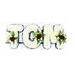 A serene memorial arrangement spells out the name TOM in large, three-dimensional letters fashioned from hundreds of small, pristine white chrysanthemums. The blooms are packed tightly so each letter reads as a soft, pillowy surface - tactile and consoling - with a cool, luminous white that feels almost like fresh morning light on a quiet Herne Hill morning. Each letter's perimeter is traced with a royal blue ribbon, the colour deep and dignified, providing a crisp, clean outline that gives the composition structure and a subtle sense of ceremony against the stark white backdrop. Nestled within the centre and lower fields of each letter are small, symmetrical sprays: a single deep red rose anchors each cluster, its velvety petals offering a focal note of love and remembrance. Around that red centre sit creamy ivory spray roses and delicate buds, their gentle perfume barely perceptible, mingling with slender fern fronds and glossy green foliage for contrast and texture. A thin dark metal support bar runs behind the base, discreetly steadying the letters so they stand upright at a funeral or memorial service; the construction is sturdy yet refined, made to be viewed from a respectful distance or close up in a chapel. The overall feeling is one of quiet dignity - every chrysanthemum placed by careful hands to create a tactile field of white, every ribbon and sprig chosen to underscore respect. This is the kind of custom sympathy tribute a local florist in Herne Hill might craft when families ask for a personal, heartfelt way to honour someone who mattered deeply.