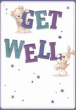 Delightful and heartwarming, this get well card showcases a plush teddy bear and a spirited puppy who seem to spring from the page, energetically balancing and holding vibrant 'Get Well' letters. Their joyful expressions and round, huggable forms radiate genuine affection and hopeful encouragement, reminiscent of the friendly faces often seen in Herne Hill's cafes. Indigo and teal text stands out with confidence against the gentle cream background, and scattered clusters of blue and purple stars sprinkle whimsical, uplifting energy. The bear's soft fur and the puppy's floppy ears are rendered with a tactile quality, akin to the inviting feel of freshly wrapped flowers from a local florist near Brockwell Park. The entire scene glows with lightness and comfort, making it a perfect visual hug-an artistic and emotional companion destined to brighten any recovery in the heart of Herne Hill.