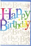 The birthday card shown in the image radiates an immediate sense of joy, the sort of cheerful impact you might associate with opening the door to a surprise delivery of bright flowers in Herne Hill. Across the middle, Happy Birthday is written in big, friendly letters, each one fully saturated in a different shade-scarlet, tangerine, golden yellow, new-leaf green, turquoise, cobalt, and rich violet-together forming a full spectrum reminiscent of a rainbow after a spring shower over Brockwell Park. The colours within some letters gently transition from one tone to another, creating a smooth gradient effect that feels painterly and deliberate, rather than flat printing. A gentle sheen on the characters suggests a glossy or semi-gloss finish, catching soft highlights like sunlight glancing off polished petals. Behind the bold, colourful message, the entire surface is veiled with fine gold script, repeating Happy Birthday to you in an elegant, cursive hand. This background text is smaller and more delicate, serving more as a shimmering pattern than the main event, a bit like filler foliage that quietly enhances a bouquet without stealing attention from the central blooms. The metallic gold ink shimmers subtly when viewed from an angle, producing a scattered sparkle across the card that hints at fine glitter or foil. The overall composition balances exuberant colour with an undercurrent of refinement, similar to the way local florists at Flower Delivery Herne Hill pair playful gerberas with graceful lilies for a celebratory arrangement. The result is a card that feels both fun and thoughtful, perfect for standing beside a vase of birthday flowers on a Herne Hill table, catching the eye and reinforcing the happy mood of the day every time someone walks past.