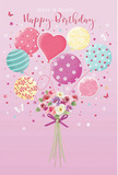 This illustrated birthday card presents a light, joyful scene where pastel balloons seem to lift a bouquet of flowers into the sky, much like a cheerful moment rising above Herne Hill's bustling Sunday market. A soft pink background, smooth and subtly luminous, sets the tone for celebration without overwhelming the eye. At the centre, balloons in gentle shades of pink, seafoam green, lemon yellow, and lavender cluster together. Each balloon has its own personality: some ringed with swirling, ribbon-like stripes, others sprinkled with candy-bright polka dots or tiny floral accents, and a heart-shaped balloon resting warmly among them. All the strings fall in graceful lines to a neatly tied bouquet below. This petite arrangement includes dainty roses and anemone-style blossoms in creamy white, blush pink, and muted mauve, arranged closely so that their petals appear soft and full, as if freshly prepared that morning by a local Herne Hill florist. A violet satin bow secures the stems, its sheen suggesting smooth, luxurious texture under the fingertips. Small stars and delicate butterflies orbit the central motif, hinting at the magic of birthday wishes and the fluttery excitement of opening cards and gifts. The composition feels uplifting yet gentle, perfectly suited to a birthday greeting sent to a home near Brockwell Park or along Railton Road - a thoughtful blend of balloons and blooms that visually expresses affection, joy, and the simple happiness of being remembered on a special day.