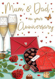 Richly detailed anniversary card illustration portraying a classic arrangement of champagne, chocolates, and roses, set against a softly glowing background that could easily belong to a Herne Hill home. Two tall champagne flutes stand near the back, filled with pale golden fizz; the delicate stems are close together, as if the glasses have just been placed side by side for a toast between long-married partners. In the foreground, a heart-shaped box of chocolates sits open, its interior neatly lined with truffles that glisten softly; a dramatic red satin bow curls around the lid, giving the box a luxurious, gift-like presence, much like a special purchase from a favourite shop near Herne Hill station. To one side, two vibrant red roses have been laid carefully on the tabletop, their petals rich and velvety with a natural, full bloom, surrounded by lustrous green leaves that recall a fresh arrangement arriving from a trusted local florist. A few loose chocolates have tumbled onto the surface, suggesting a relaxed, shared moment of indulgence. Floating around the scene are scattered red and gold hearts and gentle strokes of shimmer, framing subtle hand-lettered text for Mum & Dad and infusing the composition with a sense of affection and celebration. A scarlet envelope with a tiny heart seal peeks from beneath the chocolate box, hinting at a personalised anniversary message to be opened maybe after a stroll through Brockwell Park. The overall feeling is warm, intimate, and joyful, celebrating not just the day itself but the years of shared love behind it.